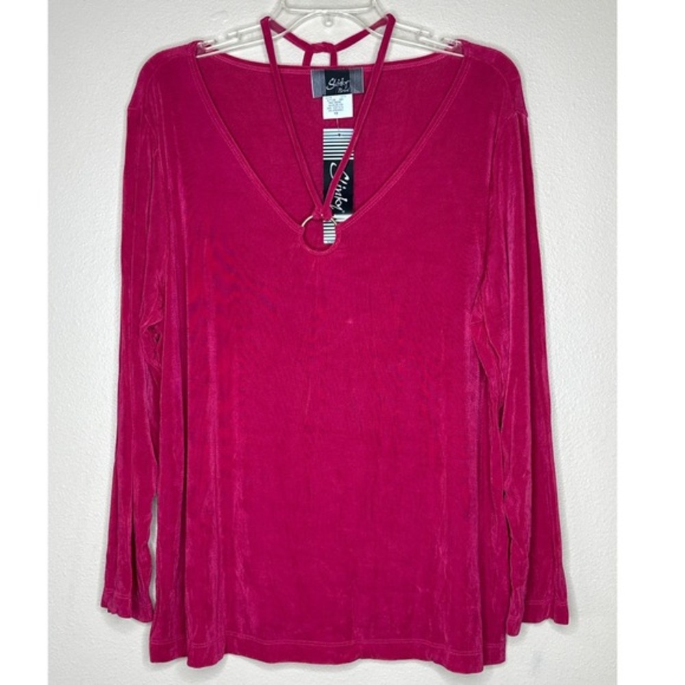 Slinky Brand VTG NWT V-Neck Top 1X Long Sleeve Blouse Pink Deadstock USA MADE